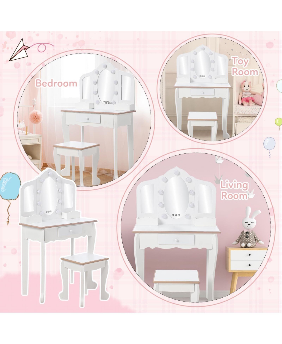gaomon Kids Vanity with Lighted Mirror, Little Girls Table & Stool, Makeup Tri-Fold Drawer Storage Grid for 3-9 Yrs