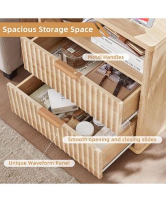 Fluted Farmhouse Nightstand with Charging Station, 23" Wide 2 Drawers End Table,Natural Dresser for Bedroom,Bed Side Table Chest, Natural 1pcs
