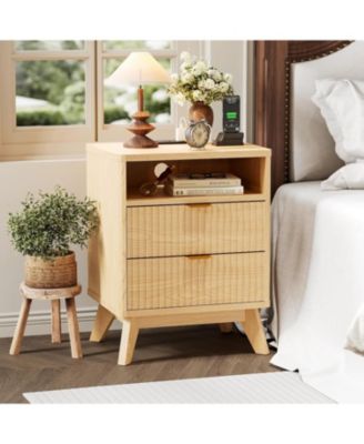 2pcs Wood Nightstand with USB Charging Station & Outlets