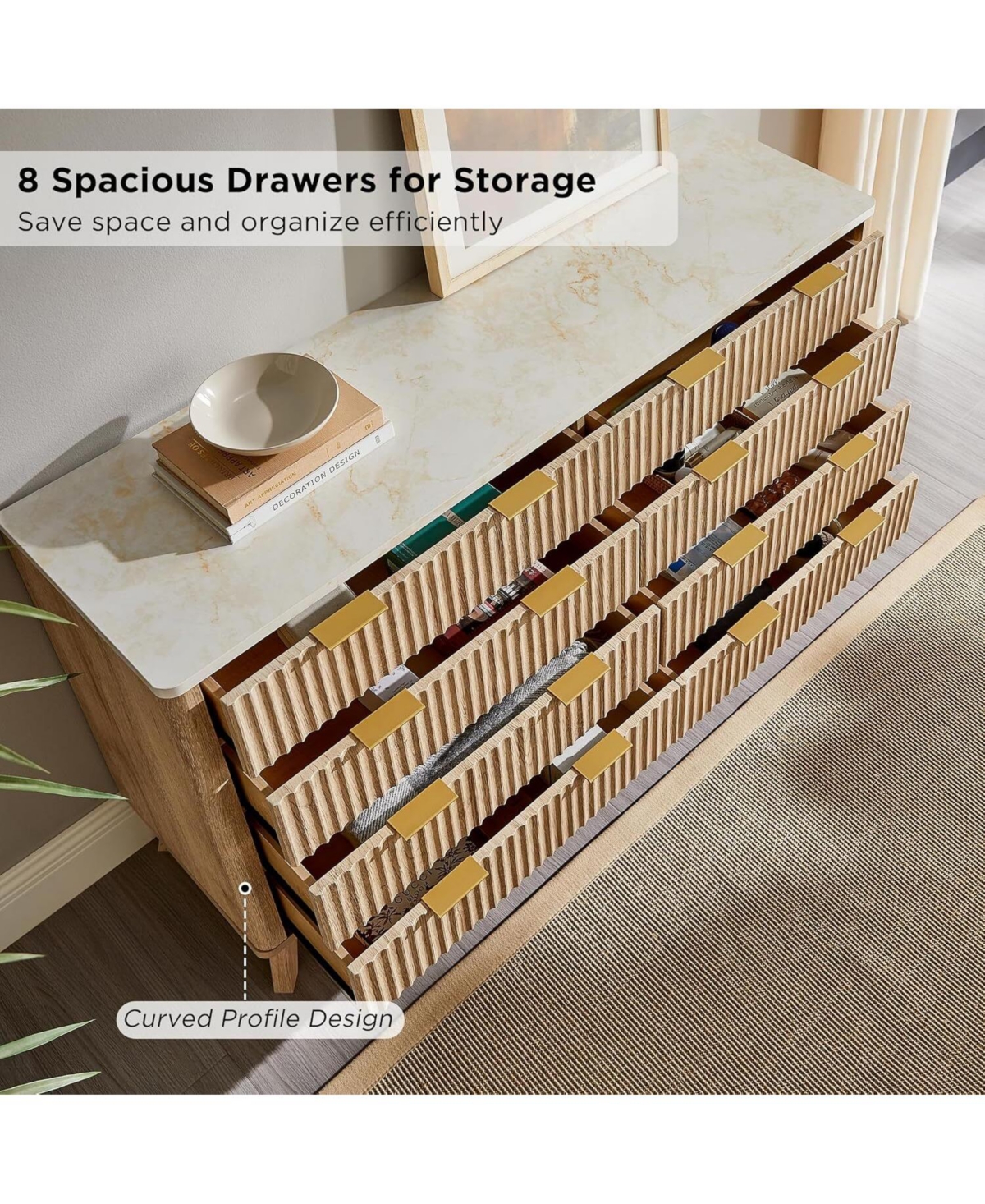 gaomon 54" Fluted 8-Drawer Dresser, Modern Chest w/ Faux Marble Top, Tv Stand & Wood Organizer