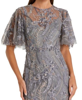 Women's High Neck Flutter Sleeve Floral Embroidered Gown