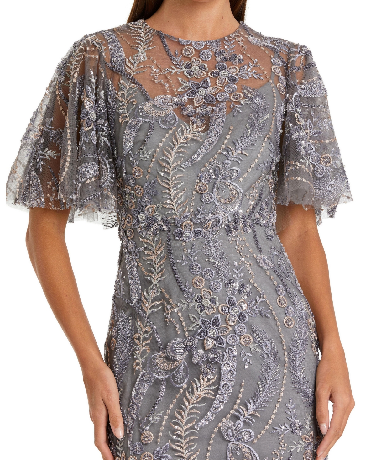 Mac Duggal Women's High Neck Flutter Sleeve Floral Embroidered Gown