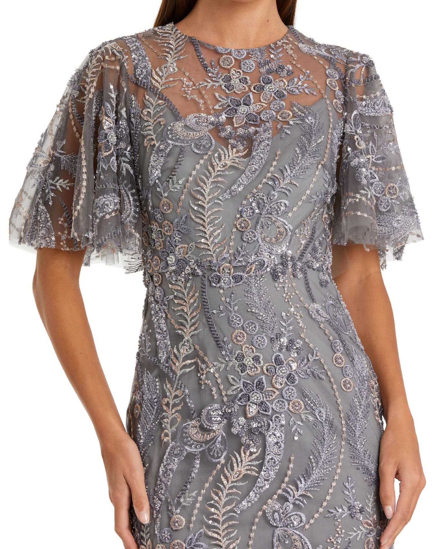 Women's High Neck Flutter Sleeve Floral Embroidered Gown