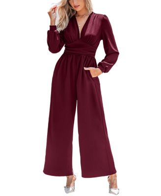 Women's Plunging V-Neck Long Sleeve Wide-Leg Jumpsuit