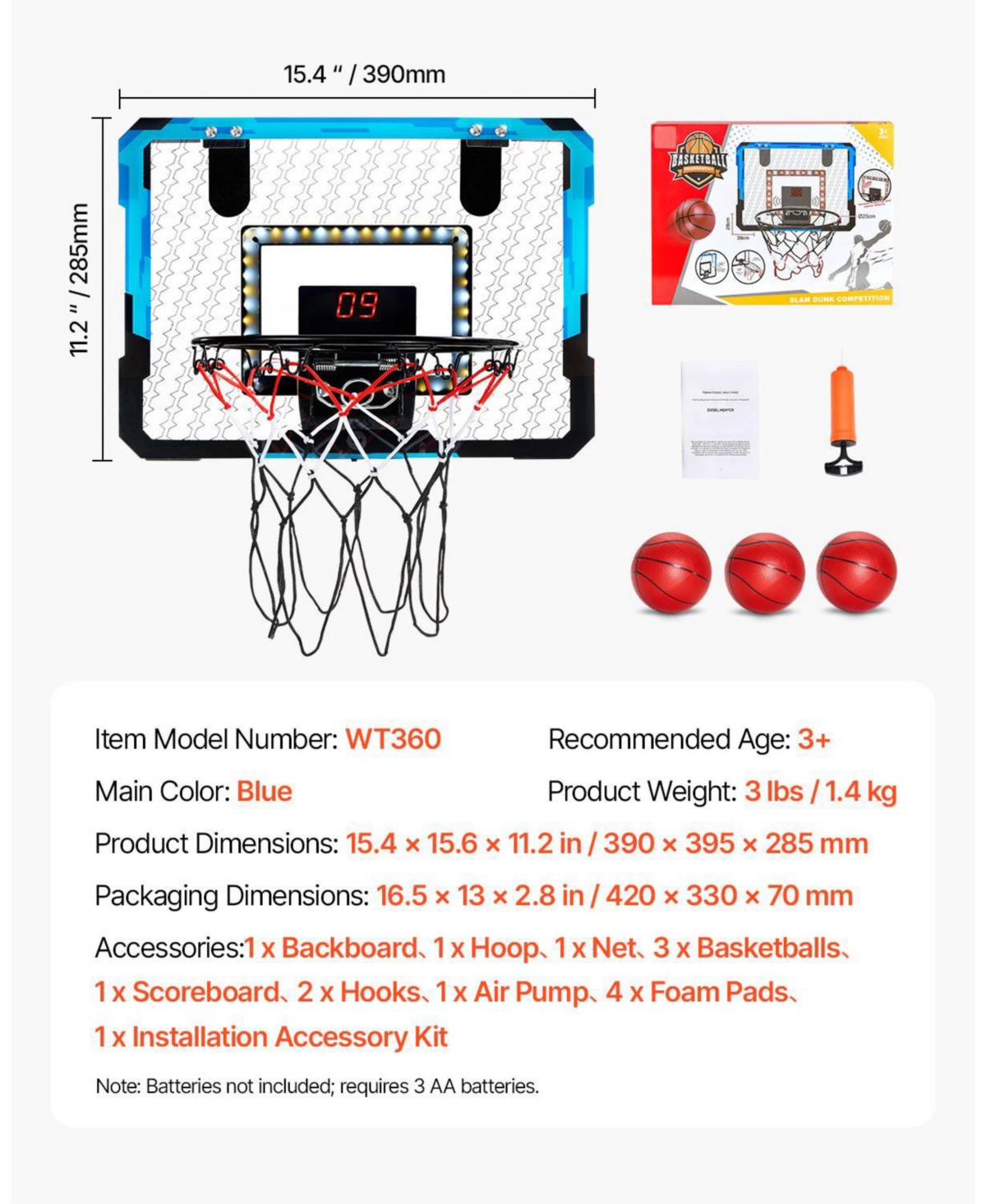 Hongge Kids Basketball Hoop with Electronic Scoreboard and Lights