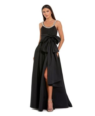 Women's Satin Gown With Pearl Neckline and Bow Detail
