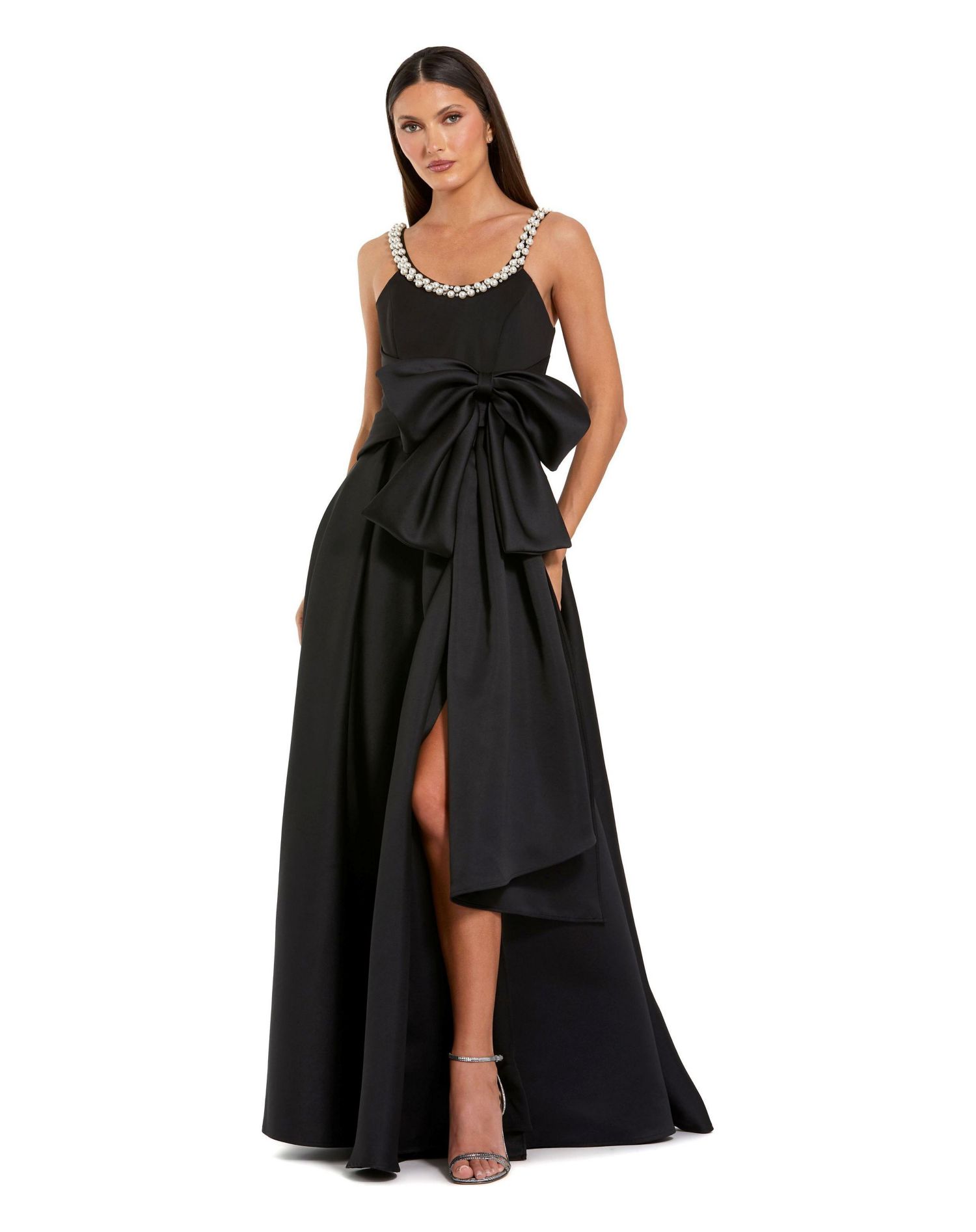 Women's Satin Gown With Pearl Neckline and Bow Detail