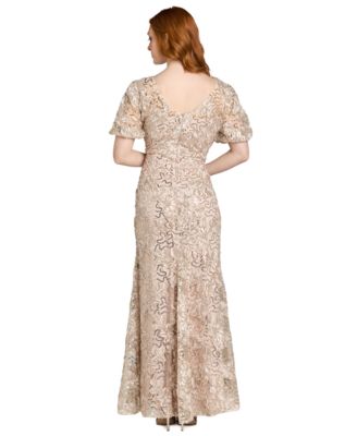 Women's Lace and Sequin Gown with Puff Sleeves and Trumpet Skirt