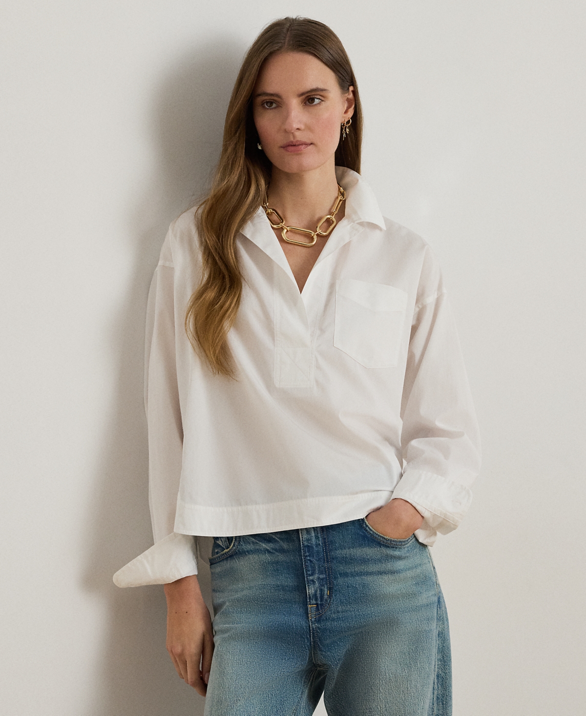 Lauren Ralph Petite Broadcloth Spread Collar Cropped Shirt