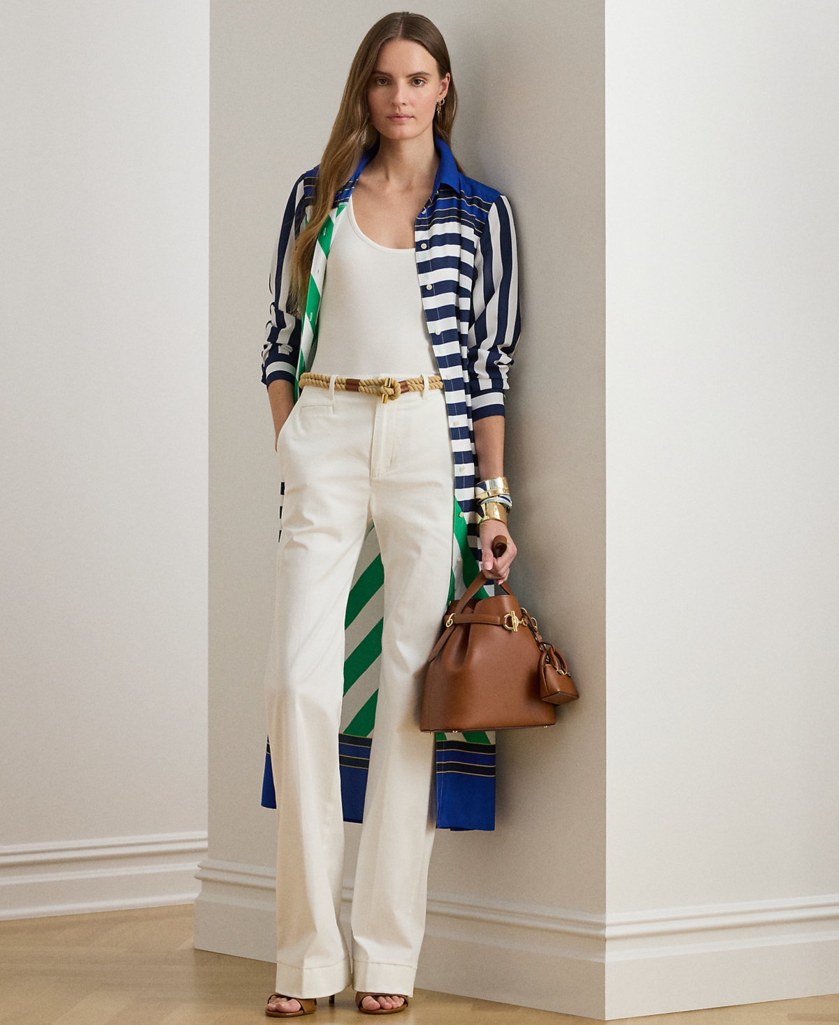 Lauren Ralph Petite Striped Point Collar Shirtdress