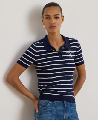 Petite Striped Short-Sleeve Polo Sweater