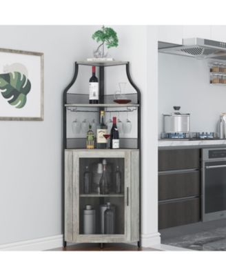 Corner Bar Cabinet with Glass Holder, Industrial Wine Cabinet with Adjustable Shelf