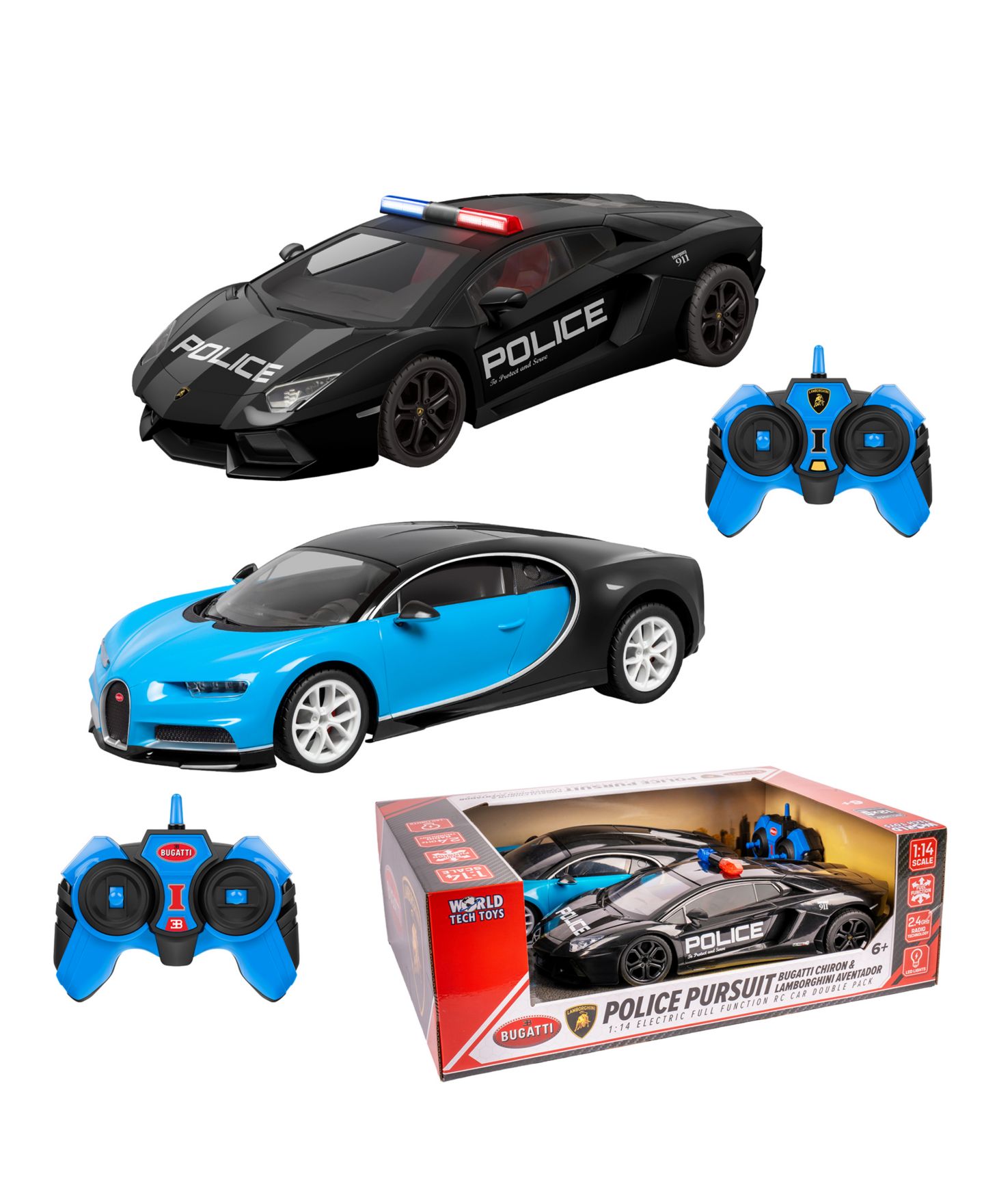 Детские игрушки World Tech Toys 1:14 Scale Police Pursuit Bugatti Chiron and Lamborghini Aventador Remote Control Cars, 2-Piece Set — фото 7