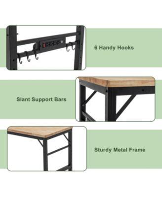 60" Adjustable Rubber Wood Workbench with Power Outlets & Wheels, 2000 LBS Load Capacity