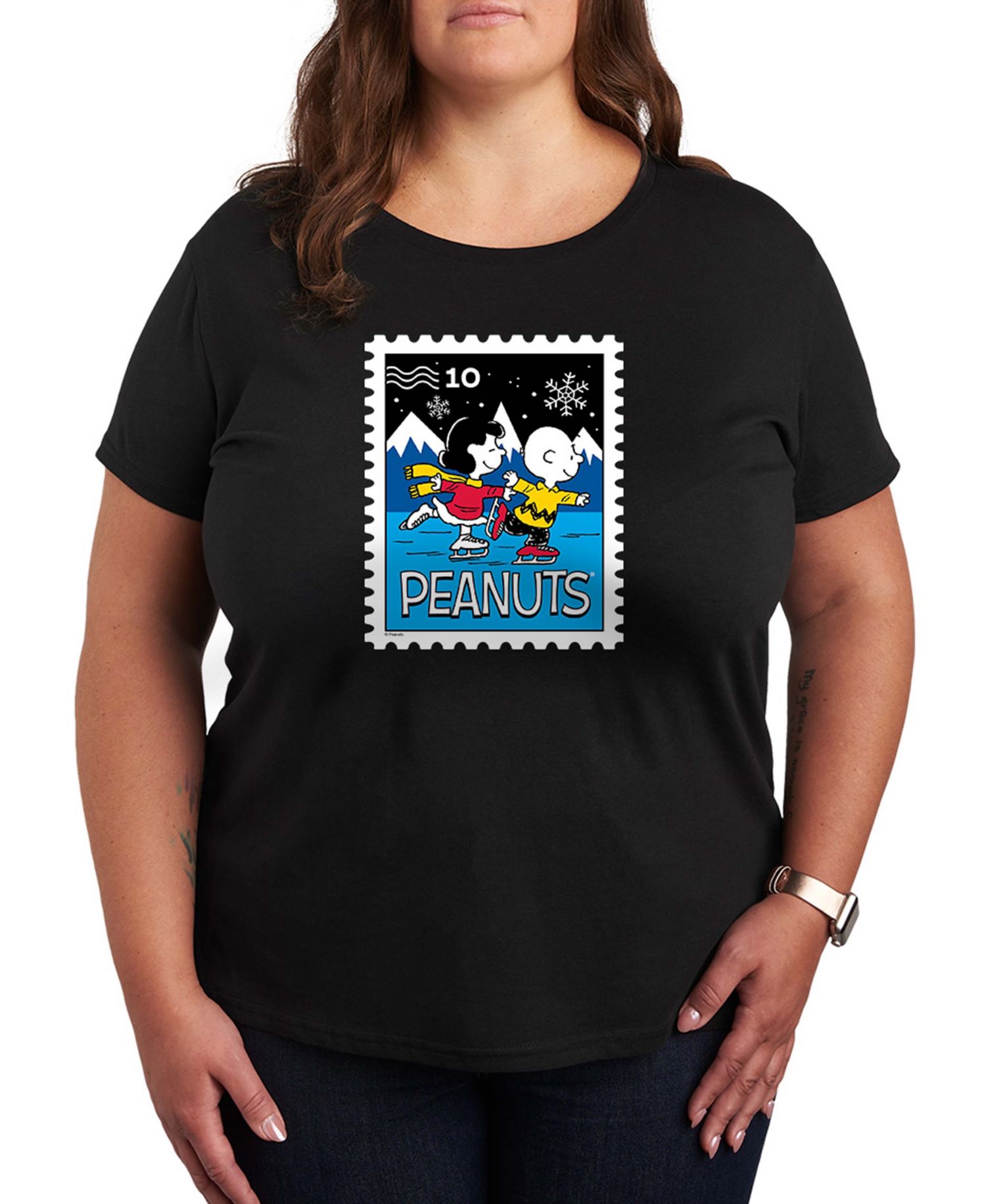 Plus Size Peanuts Lucy Charlie Winter Stamp Word Art Short Sleeve T-shirt