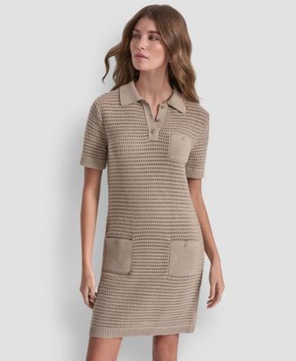 Women's Short-Sleeve Polo Collar Faux Crochet Stitch Short Dress