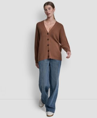 Women's Relaxed V-Neck Shaker Stitch Cardigan With Suede Logo Patch