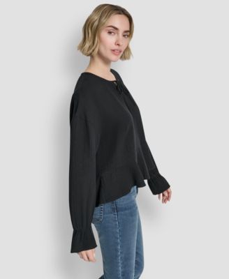 Women's Long-Sleeve Double Crepe Gauze Tie Neck Crop Top