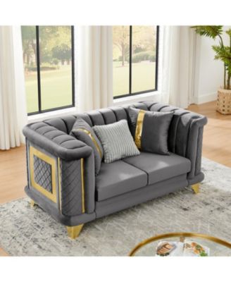 69" Velvet Loveseat Sofa, Gold Trim, Tufted, Pillows - Gray