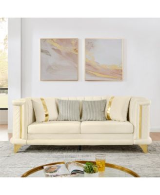 89" Velvet Sofa, Gold Trim, Tufted Couch with Pillows, Beige
