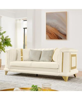 89" Velvet Sofa, Gold Trim, Tufted Couch with Pillows, Beige