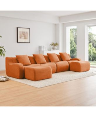 U-Shaped Boneless Sofa, Teddy Fabric, No Assembly, Curved Armrest