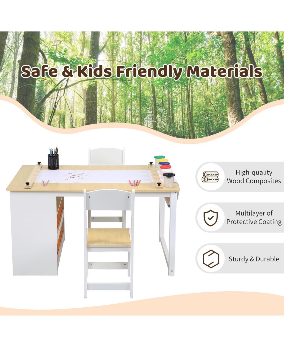 Gaomon Kids Art Table and 2 Chairs Toddler Craft and Play Wooden Activity Table with Storage Bins for Ages 2-10
