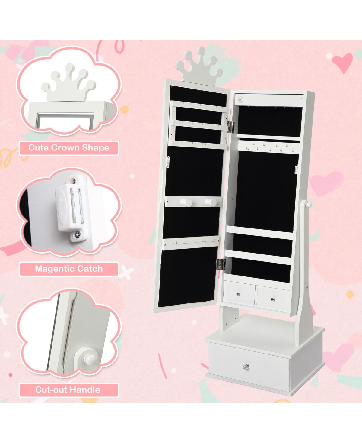 Gaomon Kids Jewelry Armoire with Led Light, Freestanding Organizer Mirror & 3 Drawers