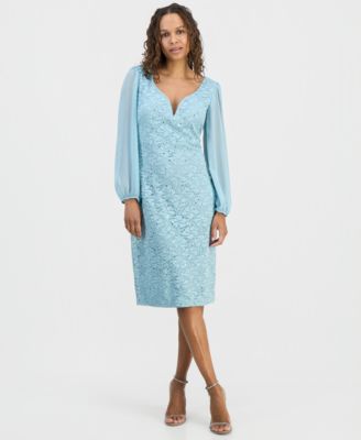Petite Sequined Lace Blouson-Sleeve Dress