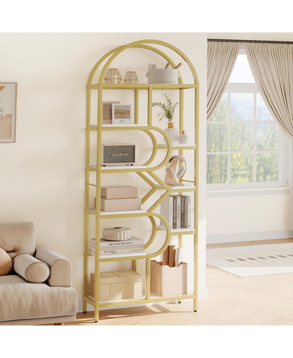 Gaomon 81.7" 6-Tier Open Arched Bookshelf, Modern Geometric Bookcase with Metal Frame & Display Storage for Home Office