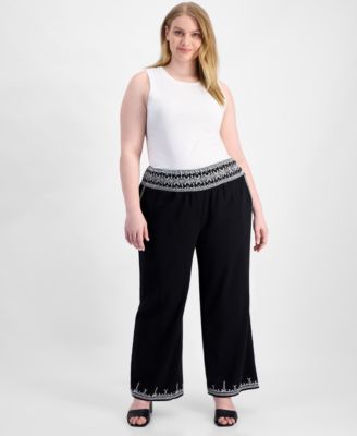 Trendy Plus Size Embroidered Cotton Wide Leg Pants