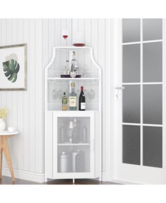 Farmhouse Wine Bar Corner Cabinet with Detachable Rack, Mesh Door, Glass Rack & Storage for Kitchen and Dining Room