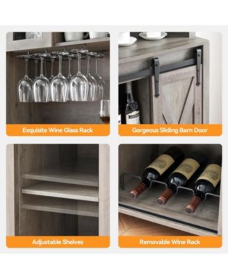 70" Kitchen Pantry Cabinet with Sliding Barn Door, Coffee Bar, Wine and Stemware Rack, Adjustable Shelves, Gray
