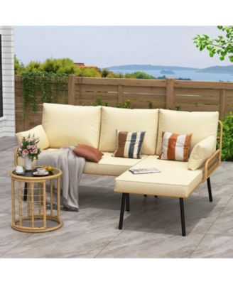 3-Piece L-Shaped Patio Set, Outdoor Sectional Sofa with Cushions & Glass Table for Garden or Backyard