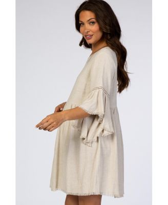 Beige Raw Edge Bell Sleeve Babydoll Maternity Dress