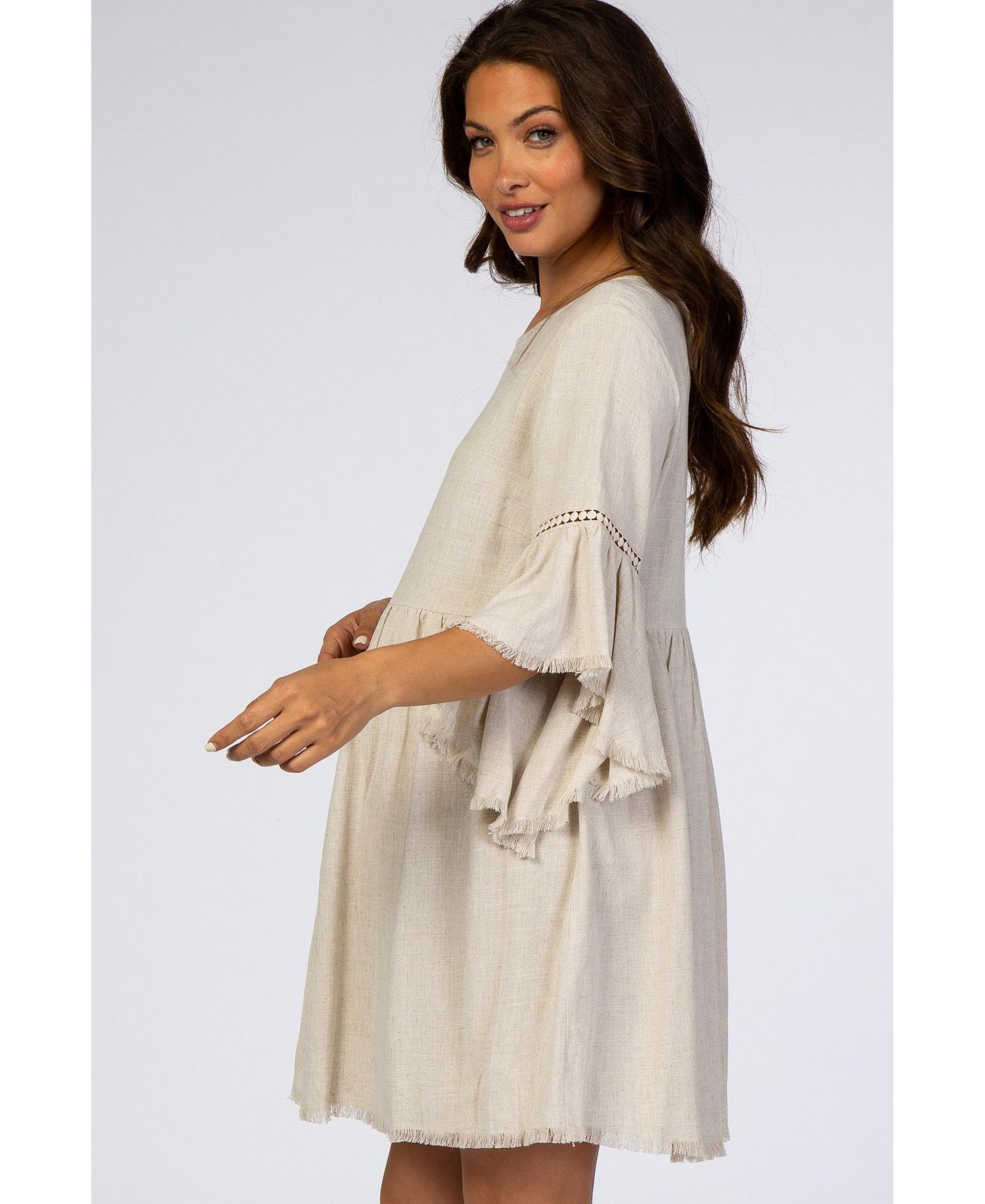 Women's Beige Raw Edge Bell Sleeve Babydoll Dress