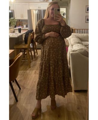 Maternity Cream Floral Smocked Long Sleeve Maxi Dress