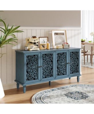 Streamdale 60" Antique Blue Buffet Cabinet - Floral Carvings, Solid Wood Legs