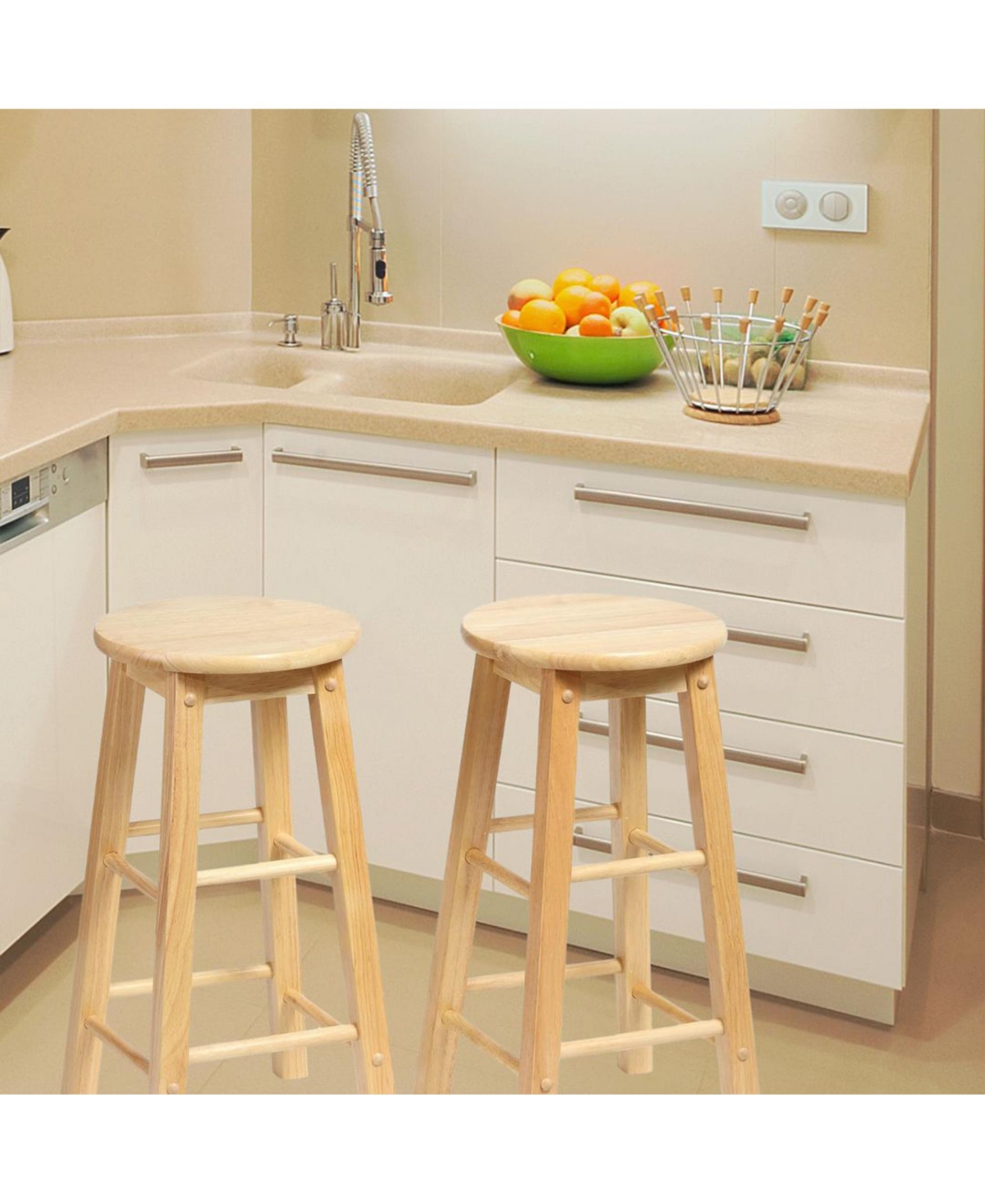 Pj Wood Classic Round-Seat 24" Tall Kitchen Counter Stools, Natural, Set of 2