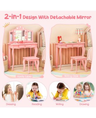 Kid Vanity Table Stool Set Tri-Folding Mirror Adjustable 3-Color LED