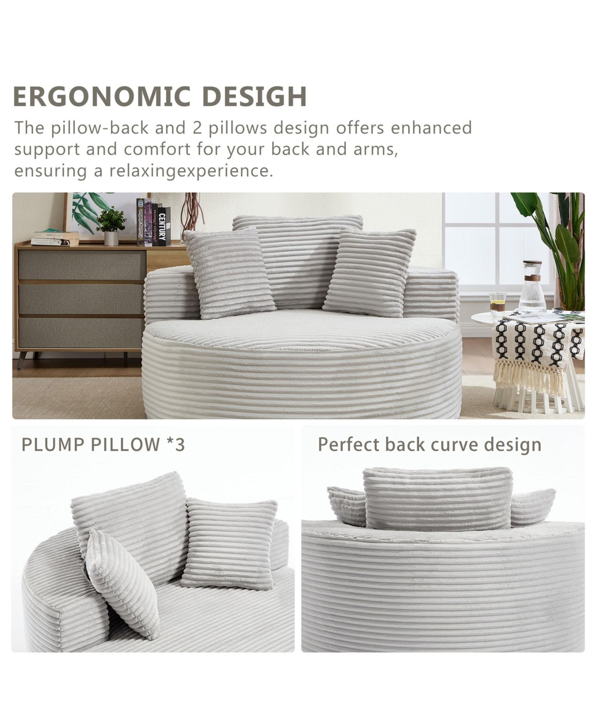 Boyel Living Round Sofa Bed with Memory Foam Sectional Couches for Living Room