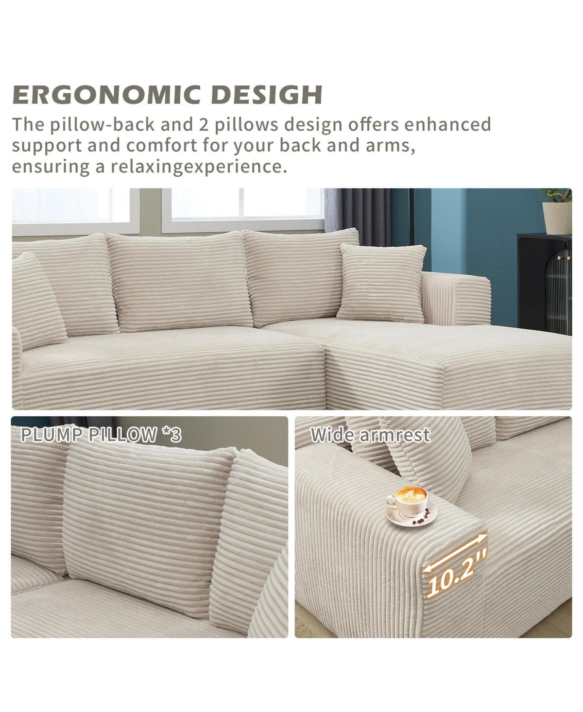 Boyel Living Modular Sectional Sofa Couches L-Shape Couch 3 Seat Memory Foam Couches, Cloud with Right Chaise.