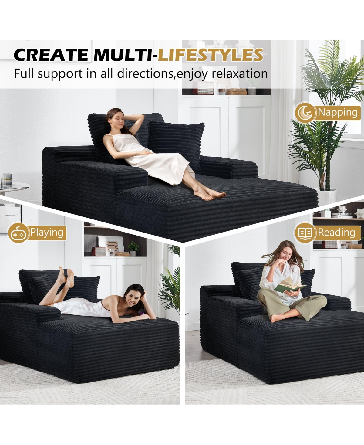 Boyel Living 67 Inch White Velvet Chaise Lounge Chair with 9.9 Wide Armrests and Deep Seat for Room