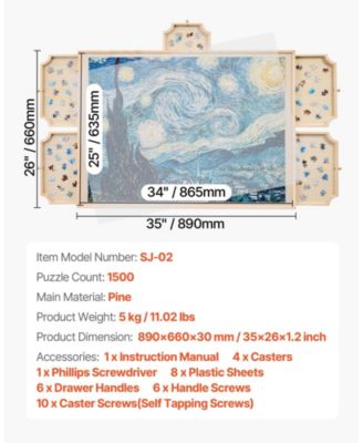 1500-Piece Rotating Puzzle Board with 5 Drawers and Cover, 34x25 in Portable Wooden Jigsaw Table for Adults