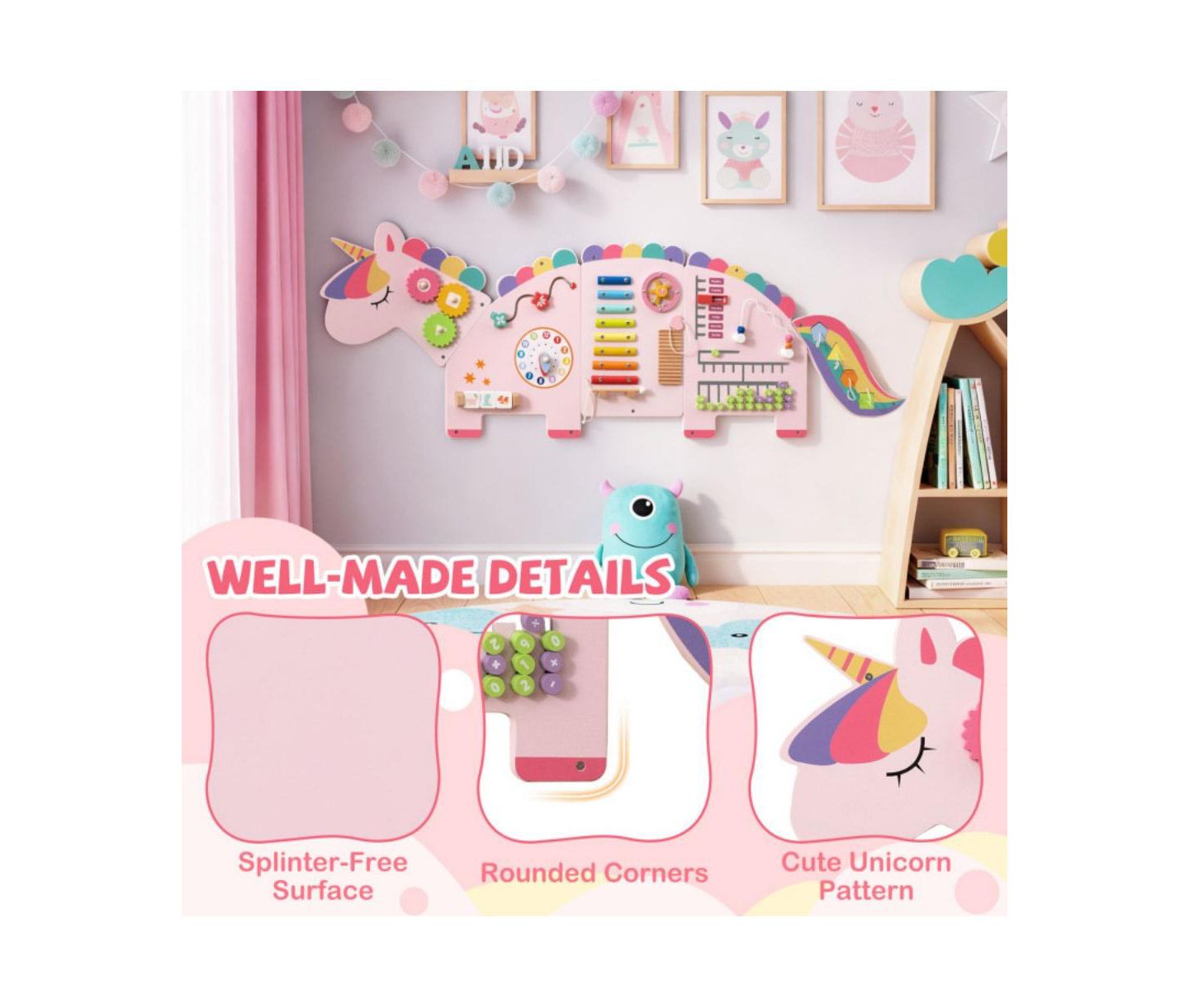 Детская игрушка HONGGE Kids Montessori Sensory Busy Board with 11 Learning Activities, цвет: Розовый — фото 3