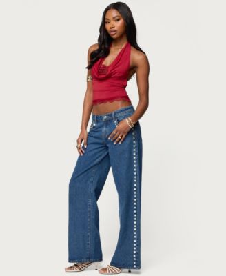 Women's Layered Lacey Cowl Neck Halter Top