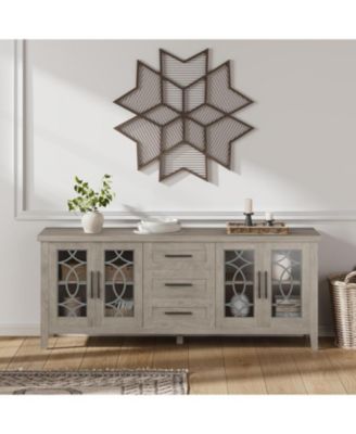 Farmhouse TV Stand for 70" TVs, Mid-Century Console with Glass Door, 2 Doors, 3 Drawers and Shelves