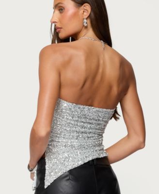 Women's Sequin Asymmetric Slit Strapless Top