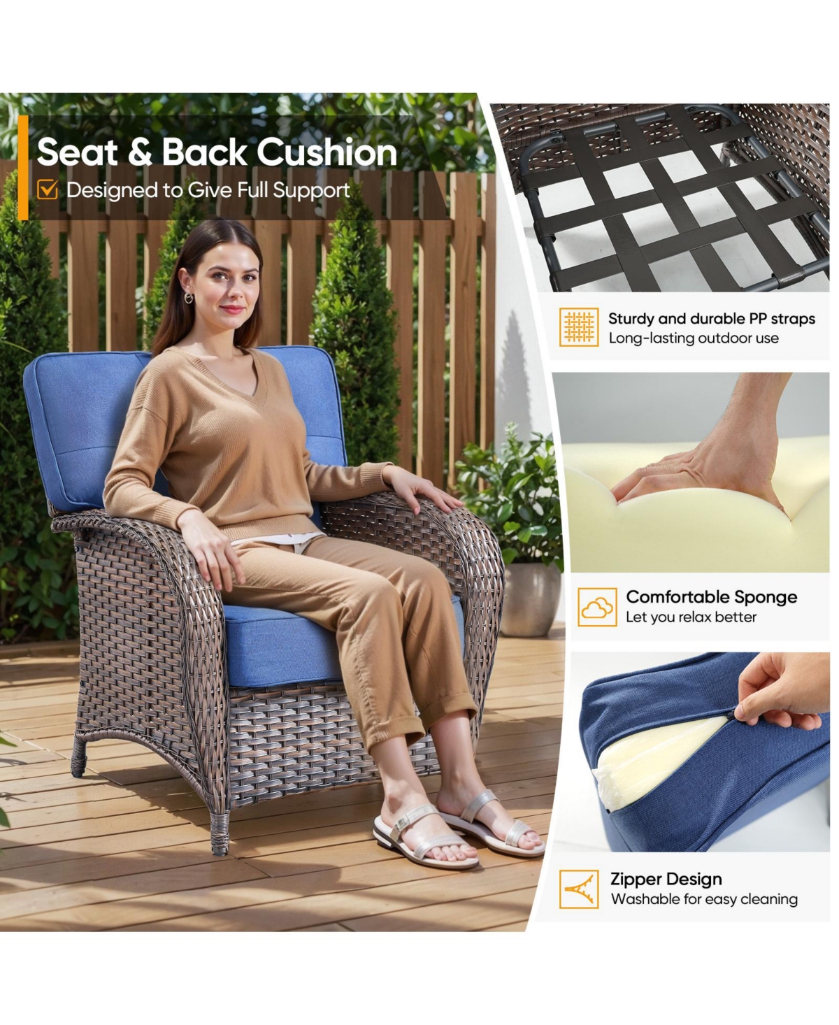 Gymojoy T-Frame Brown Wicker Outdoor Lounge Chairs with Olefin 5 In. Thick Cushions 2-Pack）