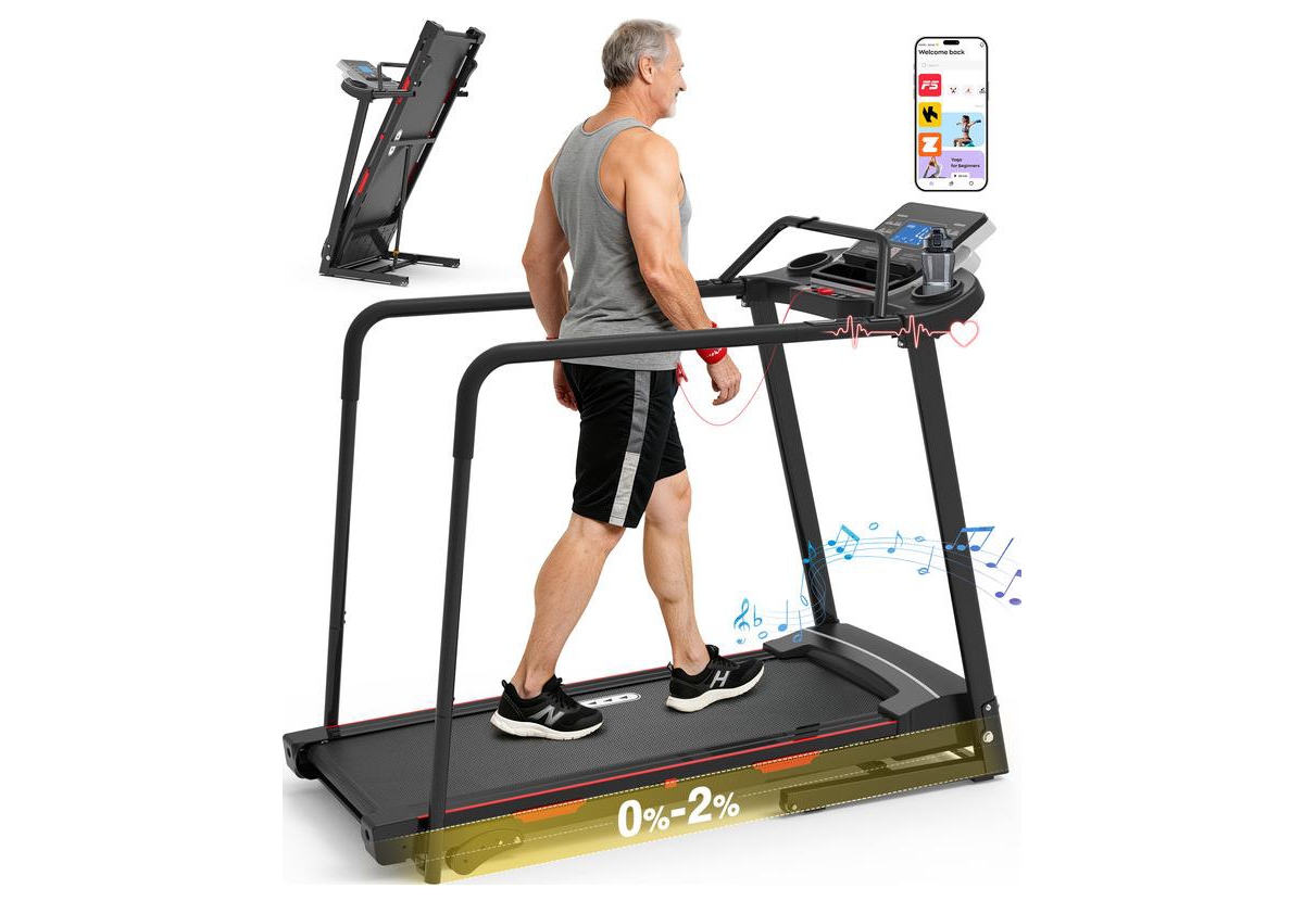 Redliro Senior Treadmill with Long Handrails, 350 lbs Capacity Walking Treadmill for Seniors, Foldable Treadmill with Incline